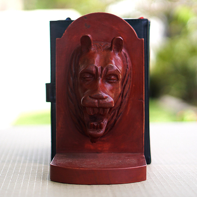 Cedar bookends, 'Lion Guardian' (pair) - Unique Hand Carved Wood Bookends (Pair)