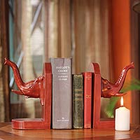 Hand Carved Cedar Wood Bookends (Pair),'Elephant Guardian'