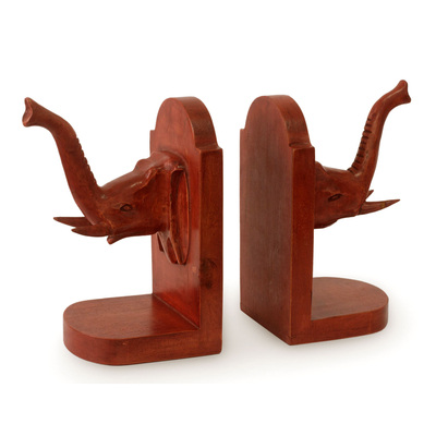 Cedar bookends, 'Elephant Guardian' (pair) - Hand Carved Cedar Wood Bookends (Pair)