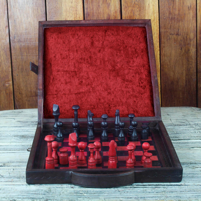 Wood and leather chess set, 'To Victory' - Wood and leather chess set