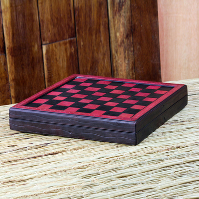 Wood and leather chess set, 'African Challenge' - Handcrafted African Wood and Leather Chess Set