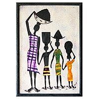 Cotton batik wall art, 'Working Together' - Folk Art Painting from Africa