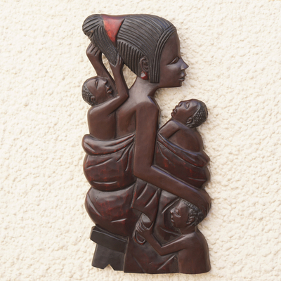 Wood wall adornment, 'Devoted Mother' - African Cultural Sese Wood Wall Adornment