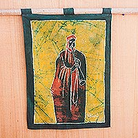 Batik-Wandbehang, „Ghanaischer Musiker“ – Batik-Baumwoll-Wandbehang eines afrikanischen Musikers aus Ghana