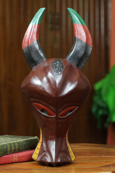 Ashanti wood mask, 'Strength of a Buffalo' - Hand Carved Wood Mask