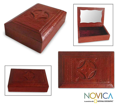 Wood and leather jewelry box, 'African Shield' - Wood and leather jewelry box