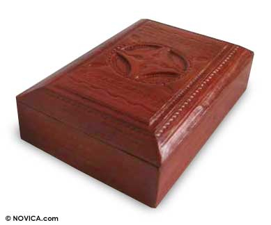 Wood and leather jewelry box, 'African Shield' - Wood and leather jewelry box