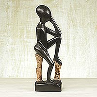 Escultura en madera, 'Hombre pensante' - Escultura artesanal en madera de Sese