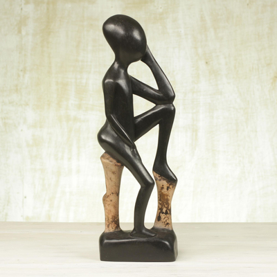 Wood sculpture, 'Thinking Man' - Handcrafted Sese Wood Sculpture