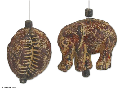Ceramic ornaments, 'Red Cowry and Elephant' (pair) - Ceramic ornaments (Pair)