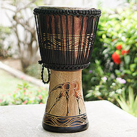 Geometric Blue Sese Wood Djembe Drum with Kente Accents, 'Unity Celebration