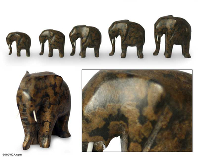 Wood sculptures, 'African Elephants' (set of 5) - Wood Elephant Sculpture (Set of 5)