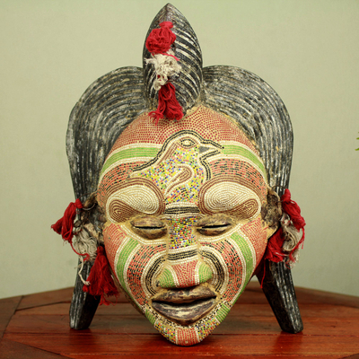 Congolese wood African mask, 'Ancient River Goddess' - Hand Beaded Wood Mask