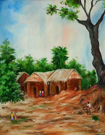 'Adija Village' - Pintura de paisaje africano