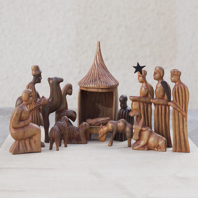 Wood nativity scene, 'Jesus and the African Kings' (14 pieces) - Wood nativity scene (14 Pieces)