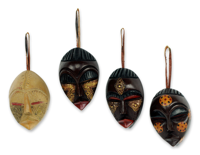 Wood ornaments, 'Happy Masks' (set of 4) - Wood ornaments (Set of 4)