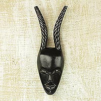 Ashanti wood mask, 'Woman Warrior' - Charcoal Black Ashanti Warrior Mask