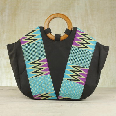 Kente tote handbag, 'Ashanti Ocean' - Kente Cotton Handle Handbag from Africa