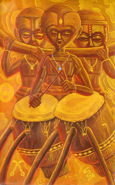 'Muñecas Akuaba tocando el tambor parlante' - Pintura al óleo expresionista