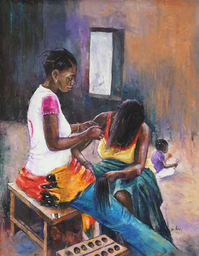 'Plaiting' - Original Portrait Painting from Africa
