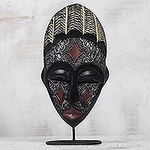 Artisan Crafted Metallic Wood Mask on Stand, 'Communion'