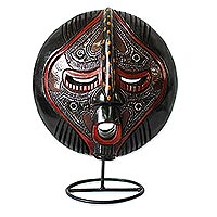 Ghanaian wood mask, 'A Maiden's Purity' - Handcrafted African Wood Mask with Stand