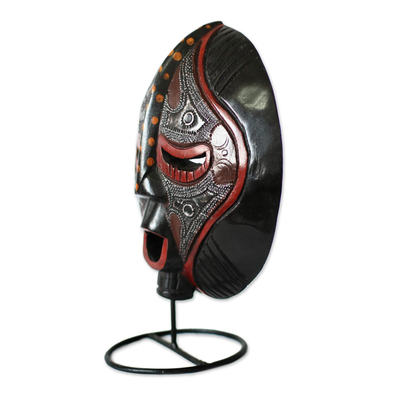Ghanaian wood mask, 'A Maiden's Purity' - Handcrafted African Wood Mask on Stand