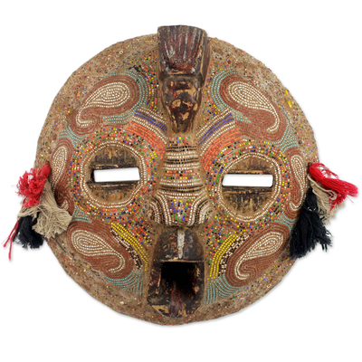 Zaire wood mask, 'Flying Protector' - Hand Beaded Wood Mask