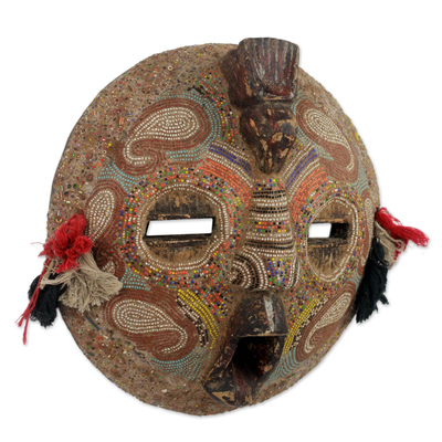 Zaire wood mask, 'Flying Protector' - Hand Beaded Wood Mask
