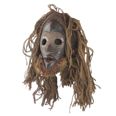 Afrikanische Holzmaske - Handgefertigte afrikanische Holz- und Jutemaske aus Ghana