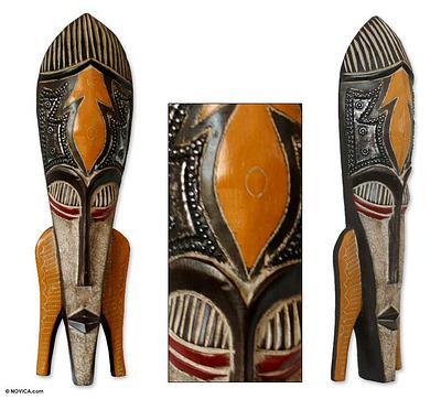 Ghanaian wood mask, 'Let's Celebrate' - African wood mask