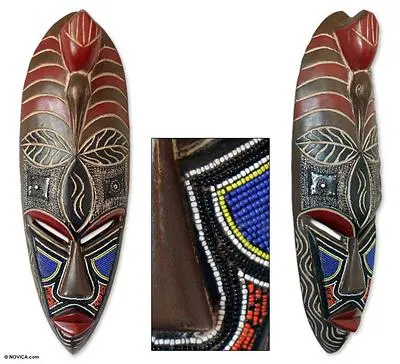 Nigerian wood mask, 'Celebration' - Unique Hand Beaded Wood Mask
