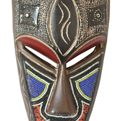 Nigerian wood mask, 'Celebration' - Unique Hand Beaded Wood Mask