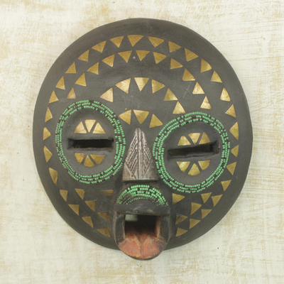 Ghanaian wood mask, 'King's Wife' - Unique Metallic Wall Mask