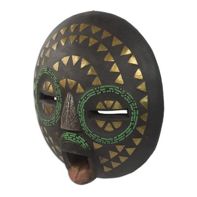 Ghanaian wood mask, 'King's Wife' - Unique Metallic Wall Mask