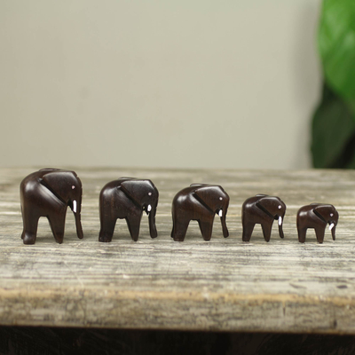 Esculturas de ébano, 'Familia de elefantes' (juego de 5) - Escultura de elefante de madera artesanal (juego de 5)