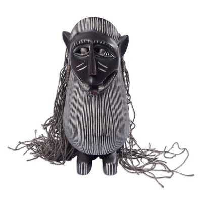Liberian wood and jute mask, 'Monkey Antics' - Handmade Liberian Wood Mask from Africa