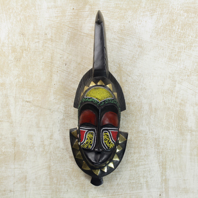 Ivoirian wood mask, 'Senufo Purification' - Hand Beaded Wood Wall Mask