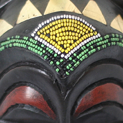 Ivoirian wood mask, 'Senufo Purification' - Hand Beaded Wood Wall Mask