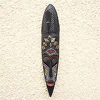 Ghanaian wood mask, 'Lawra Long Bird' - Hand Beaded Wood Mask