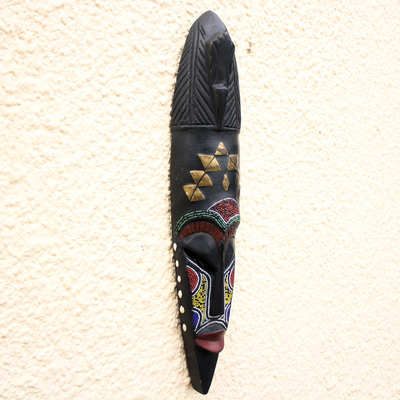 Ghanaian wood mask, 'Lawra Long Bird' - Hand Beaded Wood Mask