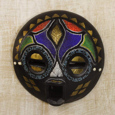 Zambian wood mask, 'My Bride' - Hand Beaded Wood Mask