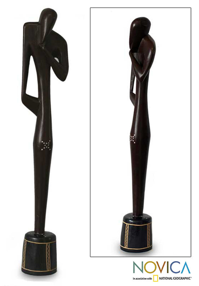 Wood statuette, 'Thinking Shadow' - Sese Wood Sculpture