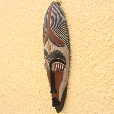 Ghanaian wood mask, 'Brave Fighter' - Hand Made African Wood Mask