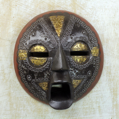 Dazzling Wood Mask with Aluminum Adornment and Dark Color, 'Sun Mask