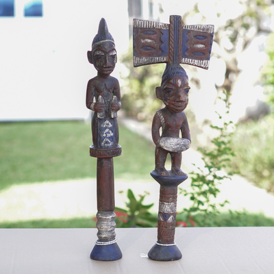 Wood sculptures, 'Yoruba Justice' (pair) - Hand Made Cultural Wood Sculpture (Pair)