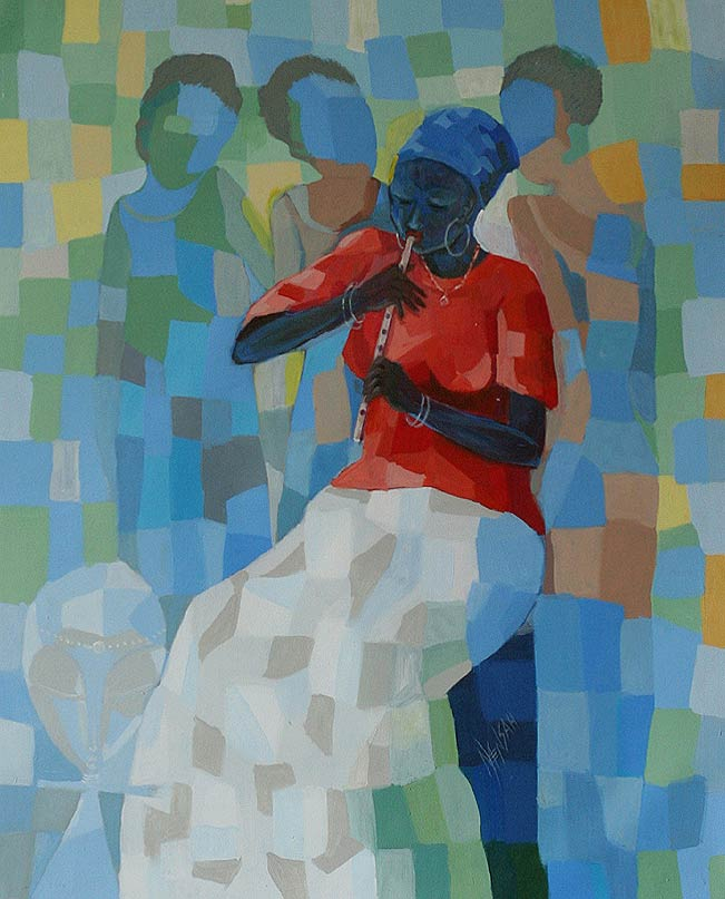 African Acrylic Painting Flutist Iii Novica