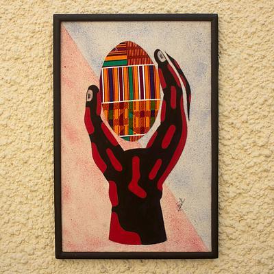 Kente cloth wall art, 'Hand and Egg II' - African Kente Cloth Wall Collage