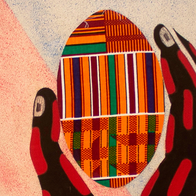 Kente cloth wall art, 'Hand and Egg II' - African Kente Cloth Wall Collage