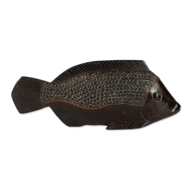 Wood sculpture, 'African Fish' - Original Hand Carved Wood Fish Sculpture